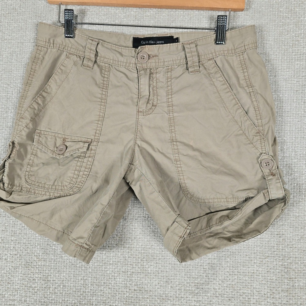 Calvin Klein Jeans Womens Tan Khaki Cargo Shorts Size 4 Rolled Cuff Cotton